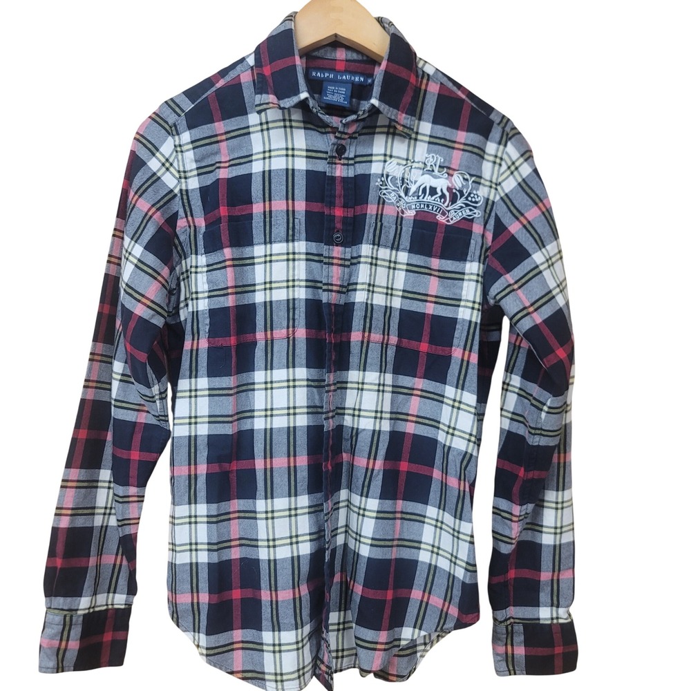 Vintage Ralph Lauren Kids Plaid Button Down Shirt Preppy Embroidered Crest Sz 10